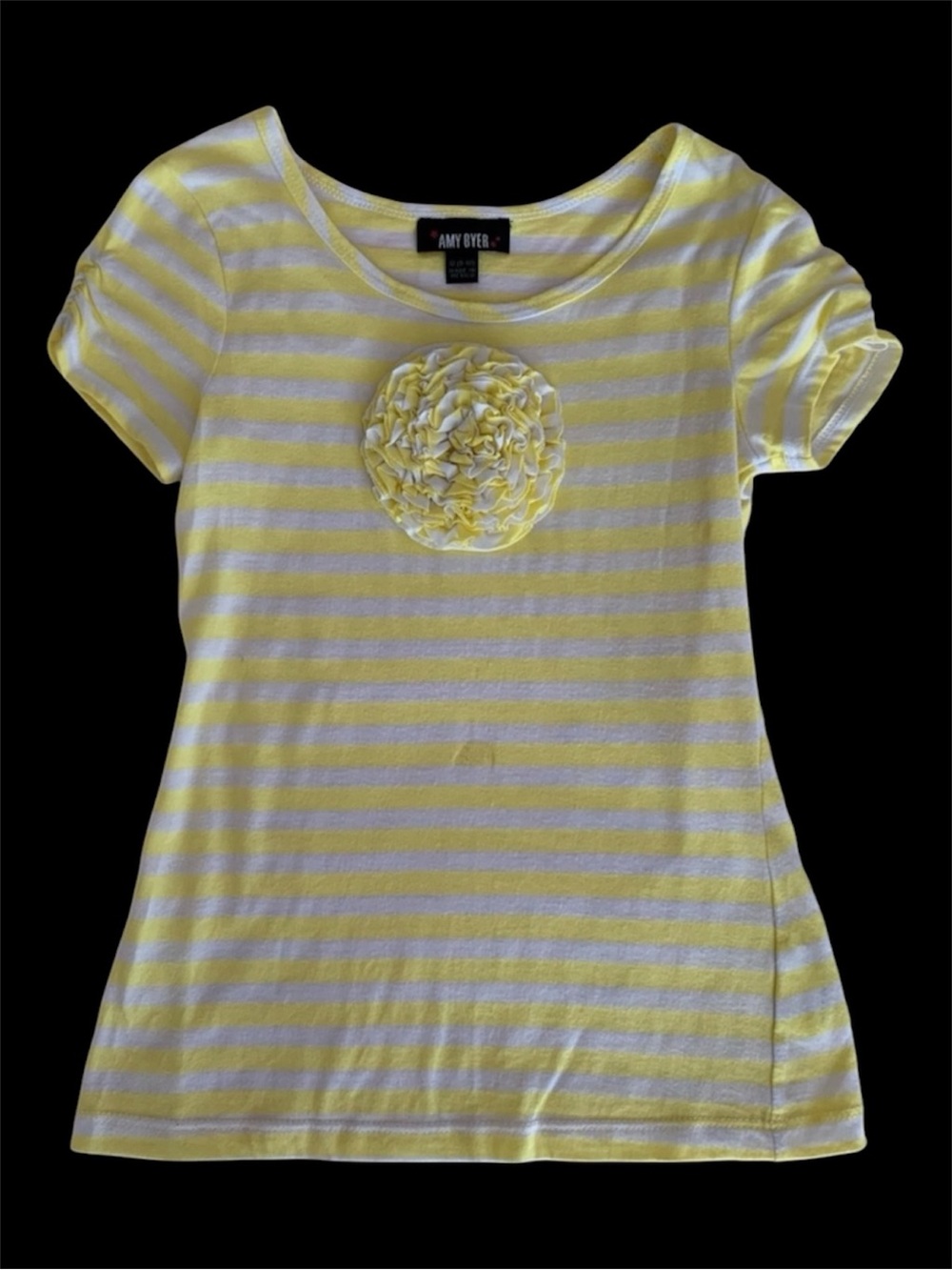 Amy Byer Shirt Girls M 8-10 Yellow White Striped 3D Ruffled Flower Short Sleeve